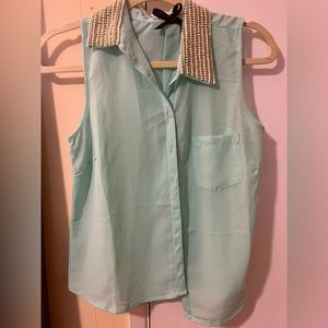 -Aqua light blue razor back tank w/ gold and pearl collar bead embellishments.